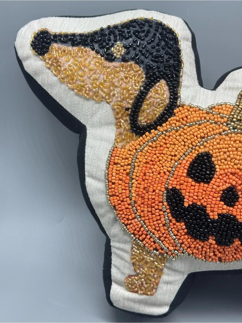 Hallow’s Eve Dachshund Dog Beaded Pillow Jack-o-Lantern Pumpkin Halloween Decor